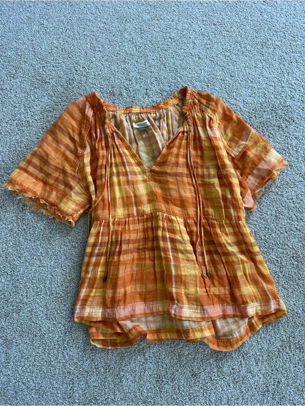 Anthropologie Orange and Yellow Plaid Peasant Blouse
